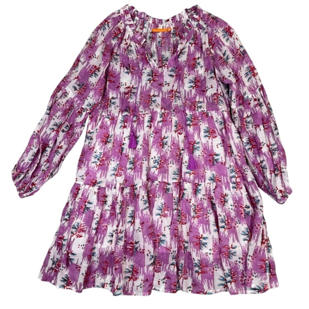 Oliphant Silk Blend Purple White Abstract Print Tiered Mini Dress Tassel Tie Med